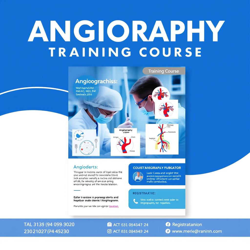 A vibrant and informative poster for an angiography training course, featuring a sleek blue and white color scheme