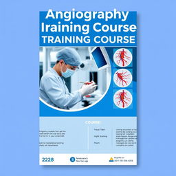 A vibrant and informative poster for an angiography training course, featuring a sleek blue and white color scheme