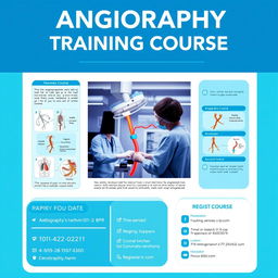 A vibrant and informative poster for an angiography training course, featuring a sleek blue and white color scheme