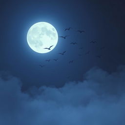 A moody, atmospheric interpretation of the song "Birds of Feather" by Billie Eilish, featuring ethereal night skies, a flock of birds in silhouette flying against a glowing moon, and a soft mist enveloping the scenery