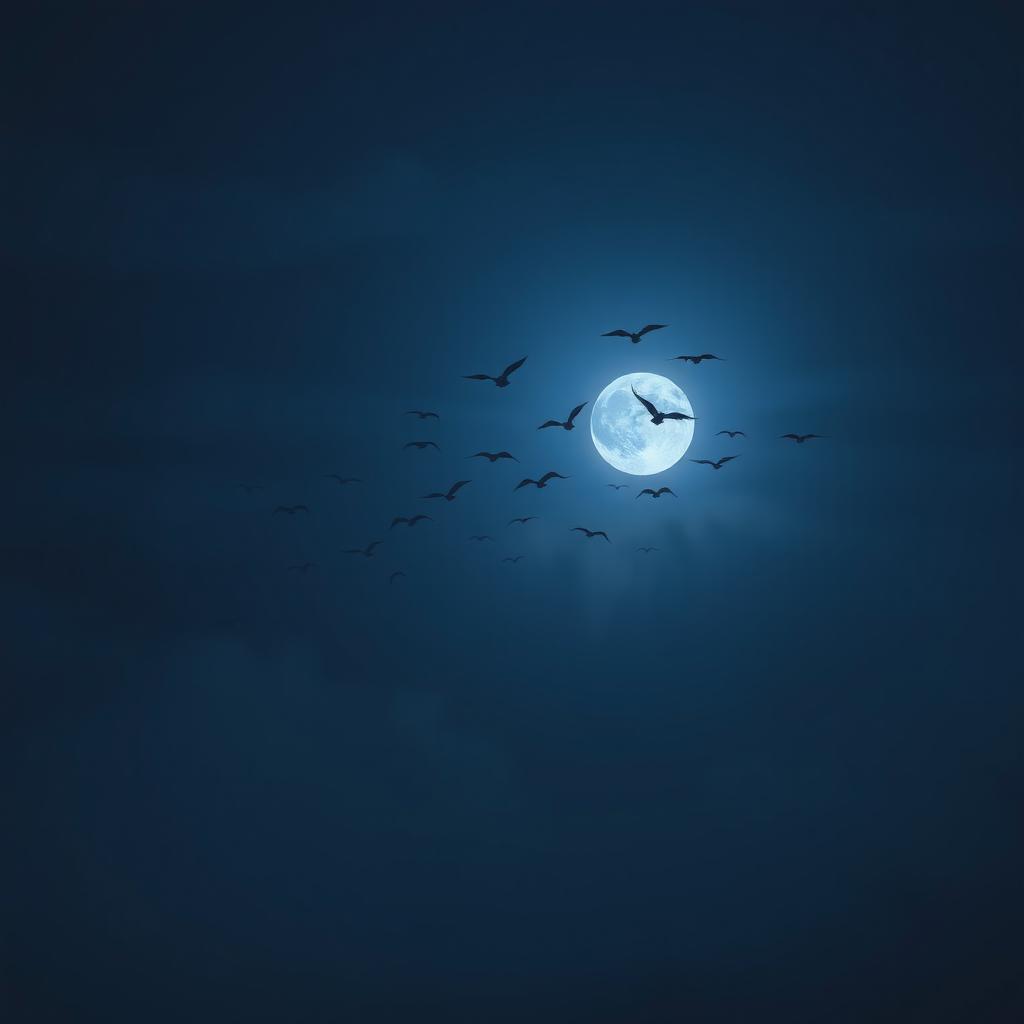 A moody, atmospheric interpretation of the song "Birds of Feather" by Billie Eilish, featuring ethereal night skies, a flock of birds in silhouette flying against a glowing moon, and a soft mist enveloping the scenery