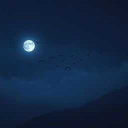 A moody, atmospheric interpretation of the song "Birds of Feather" by Billie Eilish, featuring ethereal night skies, a flock of birds in silhouette flying against a glowing moon, and a soft mist enveloping the scenery