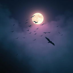 A moody, atmospheric interpretation of the song "Birds of Feather" by Billie Eilish, featuring ethereal night skies, a flock of birds in silhouette flying against a glowing moon, and a soft mist enveloping the scenery