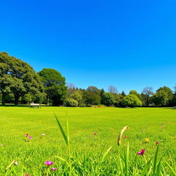 A vibrant green lawn in a picturesque park setting, ideal for a game, featuring a lush carpet of grass, scattered colorful flowers, and a clear blue sky overhead