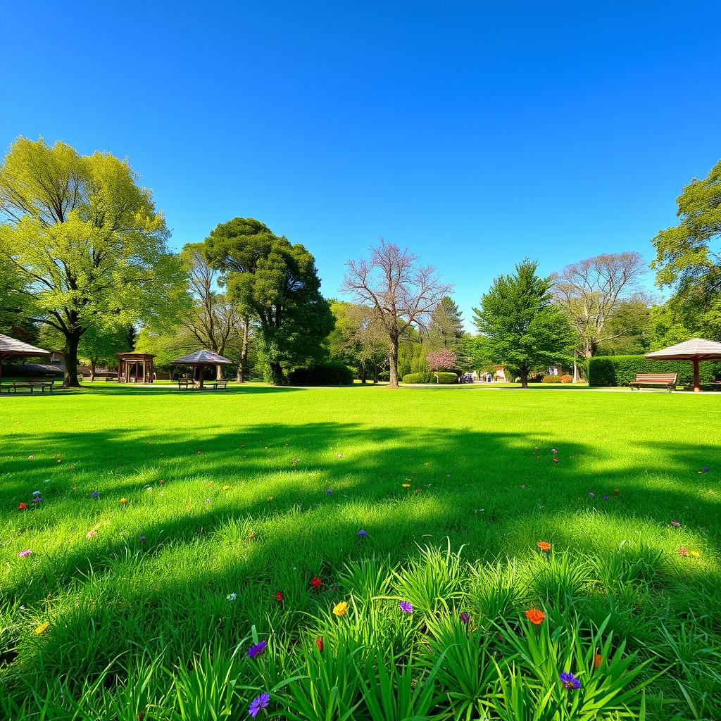 A vibrant green lawn in a picturesque park setting, ideal for a game, featuring a lush carpet of grass, scattered colorful flowers, and a clear blue sky overhead