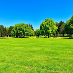 A vibrant green lawn in a picturesque park setting, ideal for a game, featuring a lush carpet of grass, scattered colorful flowers, and a clear blue sky overhead