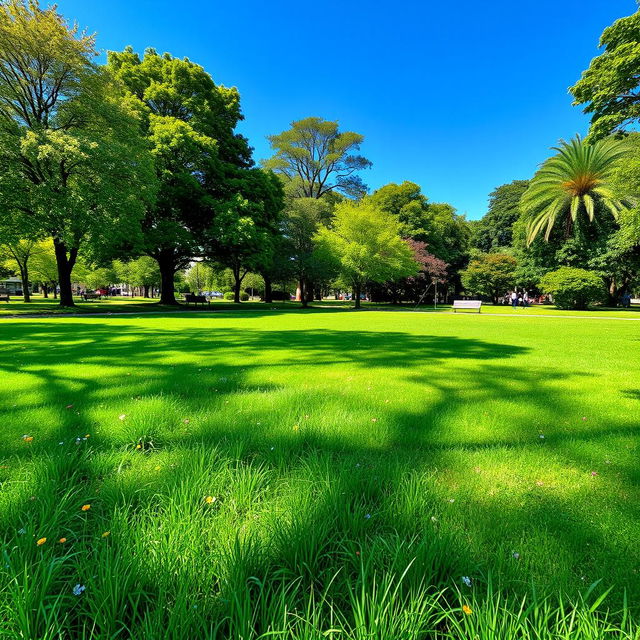 A vibrant green lawn in a picturesque park setting, ideal for a game, featuring a lush carpet of grass, scattered colorful flowers, and a clear blue sky overhead