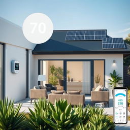 A sleek modern home equipped with various smart energy-saving technologies