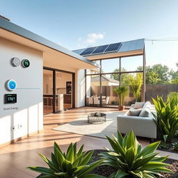 A sleek modern home equipped with various smart energy-saving technologies