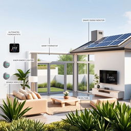 A sleek modern home equipped with various smart energy-saving technologies