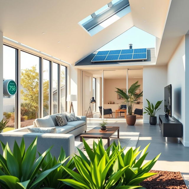 A sleek modern home equipped with various smart energy-saving technologies