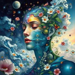 A stunningly detailed and imaginative representation of a human figure, blending various elements of nature and abstract art