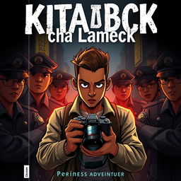 A dramatic book cover illustration featuring Lameck, a photographer, being apprehended by police