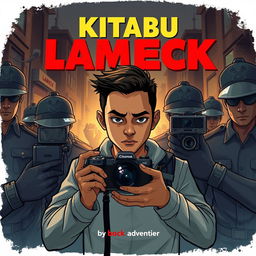 A dramatic book cover illustration featuring Lameck, a photographer, being apprehended by police