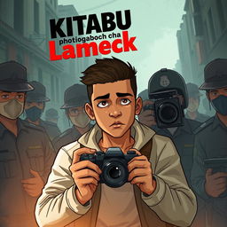 A dramatic book cover illustration featuring Lameck, a photographer, being apprehended by police