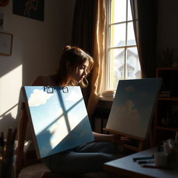 A young woman is sitting next to a canvas by a window, deeply focused on her artwork