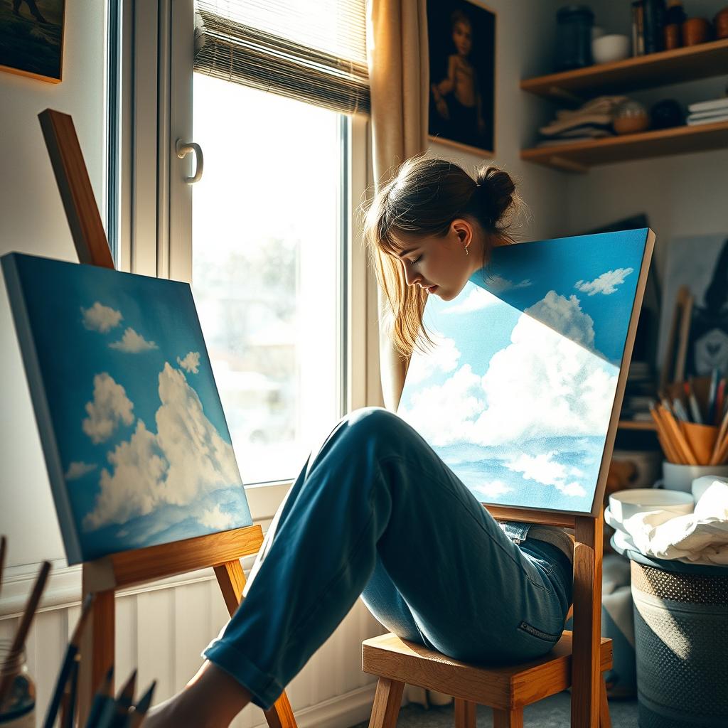 A young woman is sitting next to a canvas by a window, deeply focused on her artwork