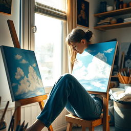 A young woman is sitting next to a canvas by a window, deeply focused on her artwork
