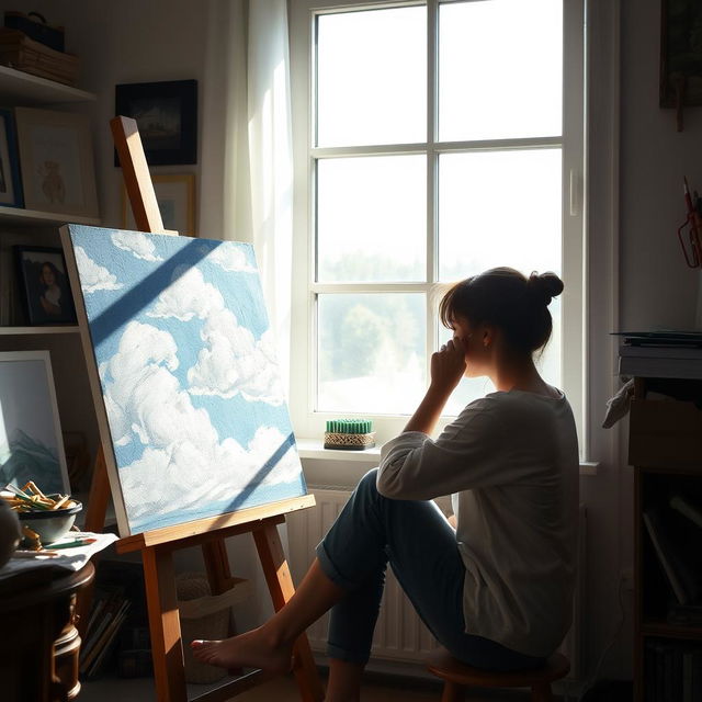 A young woman is sitting next to a canvas by a window, deeply focused on her artwork