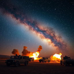 A dramatic and intense scene depicting the moment of conflict between Iran and Israel, with a breathtaking view of the Milky Way galaxy visible in the night sky