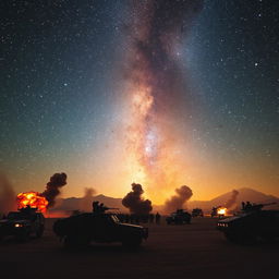 A dramatic and intense scene depicting the moment of conflict between Iran and Israel, with a breathtaking view of the Milky Way galaxy visible in the night sky