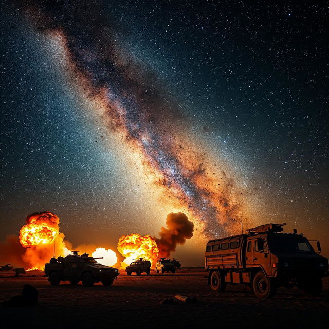 A dramatic and intense scene depicting the moment of conflict between Iran and Israel, with a breathtaking view of the Milky Way galaxy visible in the night sky