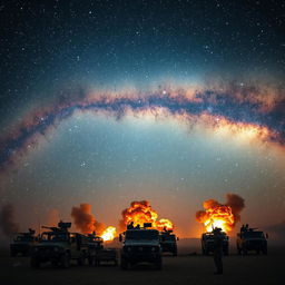 A dramatic and intense scene depicting the moment of conflict between Iran and Israel, with a breathtaking view of the Milky Way galaxy visible in the night sky