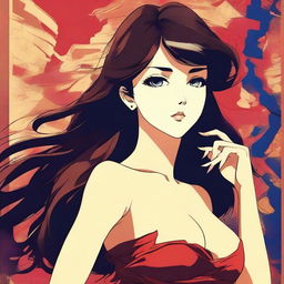 A vintage anime-style poster featuring a seductive brunette woman