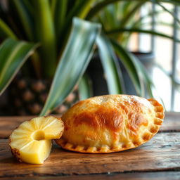 A delicious and golden-brown pineapple empanada, perfectly baked, resting on a rustic wooden table