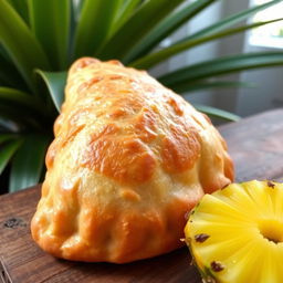 A delicious and golden-brown pineapple empanada, perfectly baked, resting on a rustic wooden table
