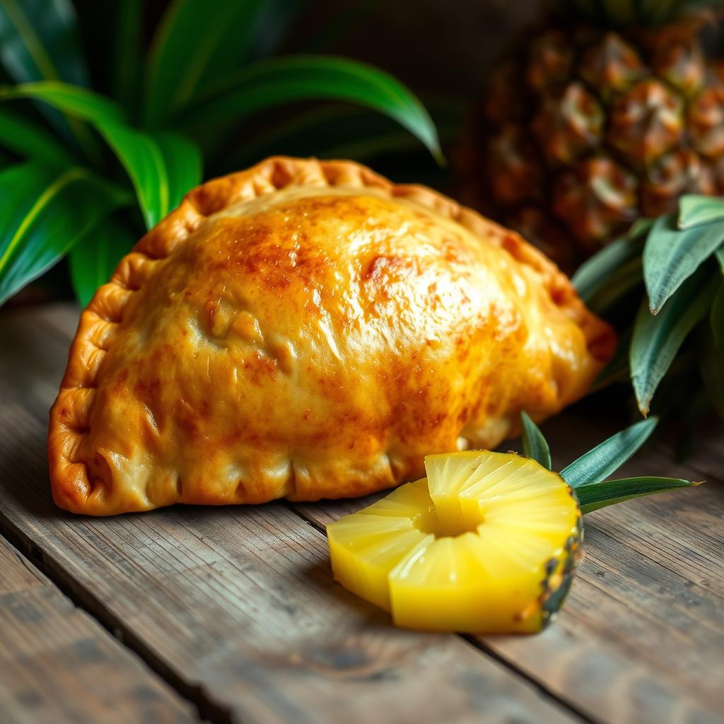 A delicious and golden-brown pineapple empanada, perfectly baked, resting on a rustic wooden table