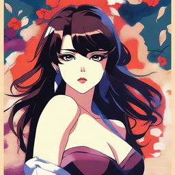 A vintage anime-style poster featuring a seductive brunette woman