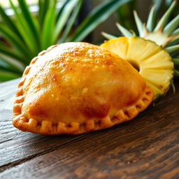 A delicious and golden-brown pineapple empanada, perfectly baked, resting on a rustic wooden table