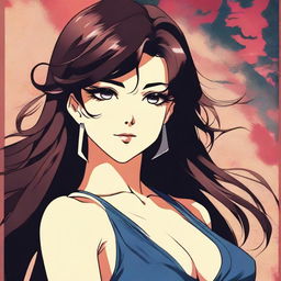 A vintage anime-style poster featuring a seductive brunette woman