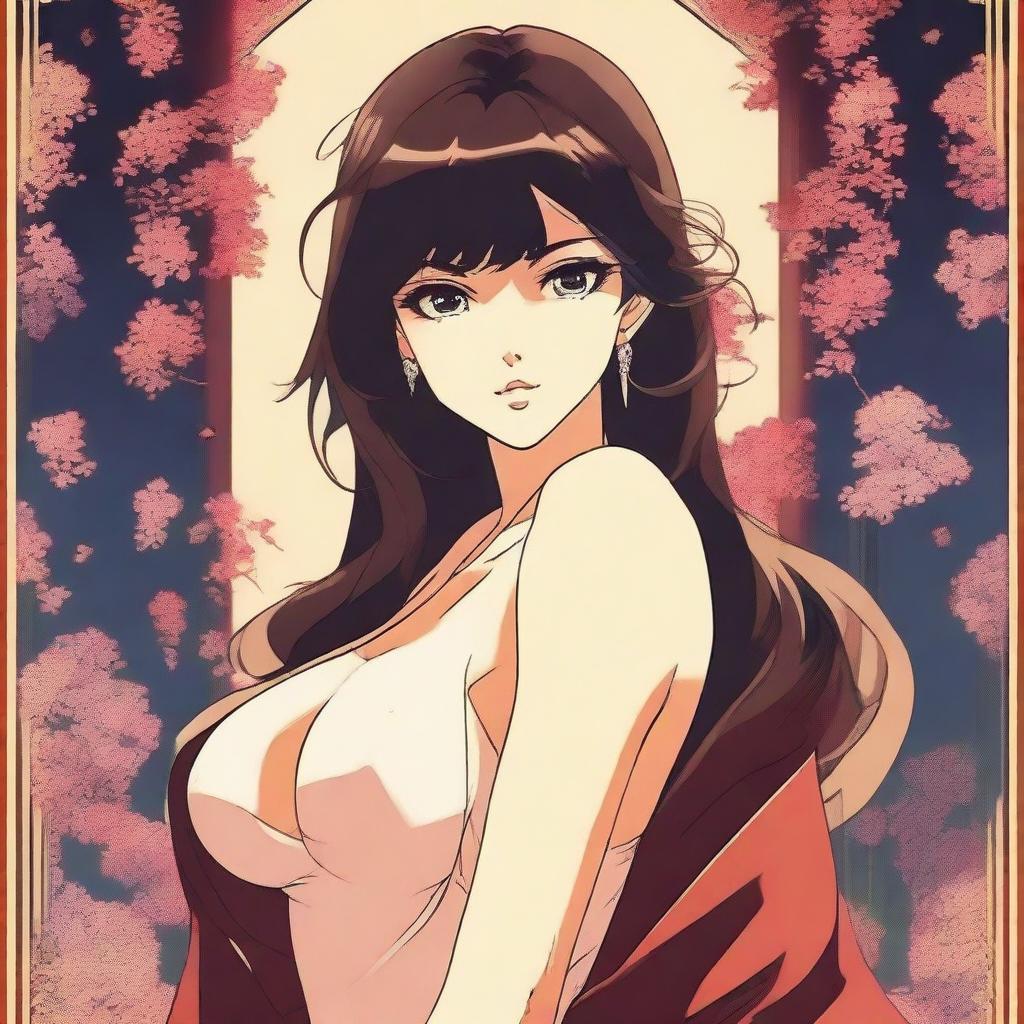 A vintage anime-style poster featuring a seductive brunette woman