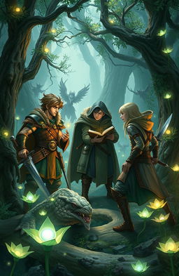 A dynamic fantasy scene depicting a group of characters in a magical world, all reincarnated from Earth, strategizing on how to destroy magic with a sense of urgency and teamwork