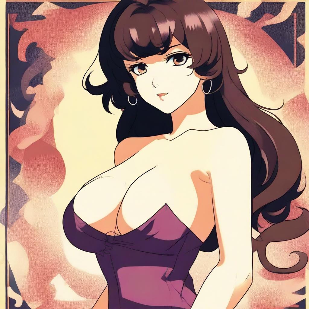 A vintage anime-style poster featuring a seductive brunette woman with voluptuous curves