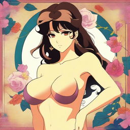 A vintage anime-style poster featuring a seductive brunette woman with voluptuous curves