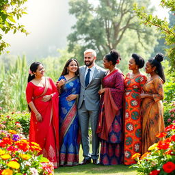 A harmonious scene depicting a husband surrounded by his four wives, all dressed in beautiful traditional attire from various cultures