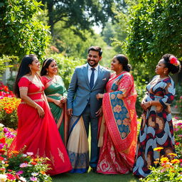 A harmonious scene depicting a husband surrounded by his four wives, all dressed in beautiful traditional attire from various cultures