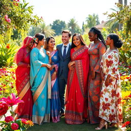 A harmonious scene depicting a husband surrounded by his four wives, all dressed in beautiful traditional attire from various cultures