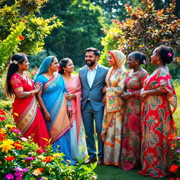 A harmonious scene depicting a husband surrounded by his four wives, all dressed in beautiful traditional attire from various cultures