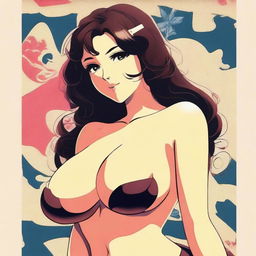 A vintage anime-style poster featuring a seductive brunette woman with voluptuous curves