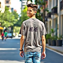 A young man walking down a city street wearing a casual t-shirt with the name 'মোতালেব' printed on the back