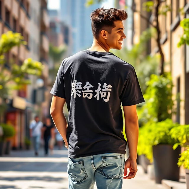 A young man walking down a city street wearing a casual t-shirt with the name 'মোতালেব' printed on the back