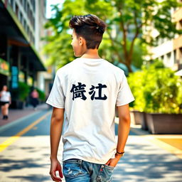 A young man walking down a city street wearing a casual t-shirt with the name 'মোতালেব' printed on the back