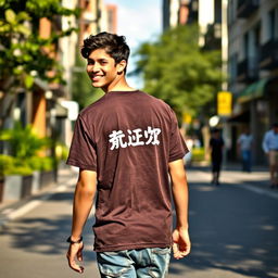 A young man walking down a city street wearing a casual t-shirt with the name 'মোতালেব' printed on the back