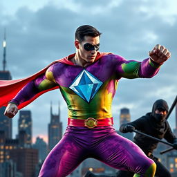 A dynamic superhero in a colorful suit featuring a large diamond embedded in the center of his chest