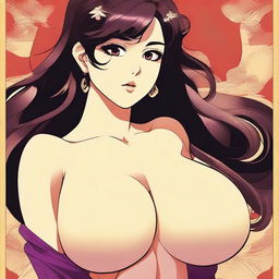 A vintage anime-style poster featuring a seductive brunette woman with voluptuous curves