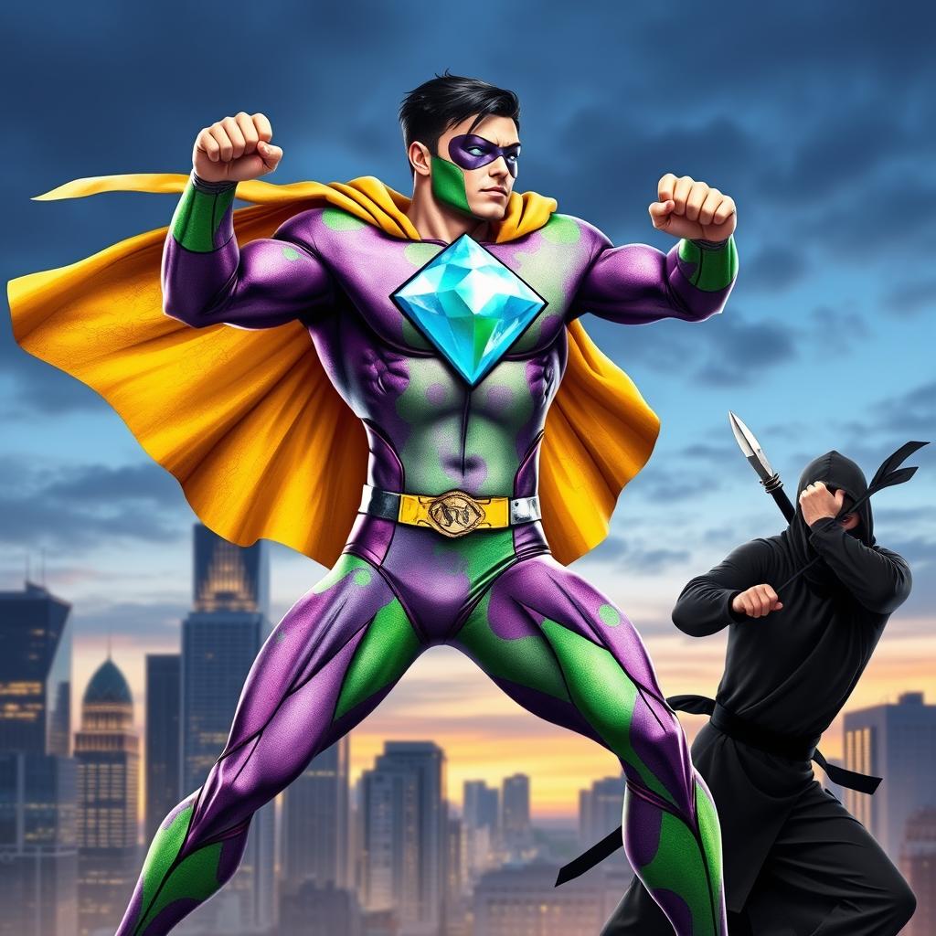 A dynamic superhero in a colorful suit featuring a large diamond embedded in the center of his chest